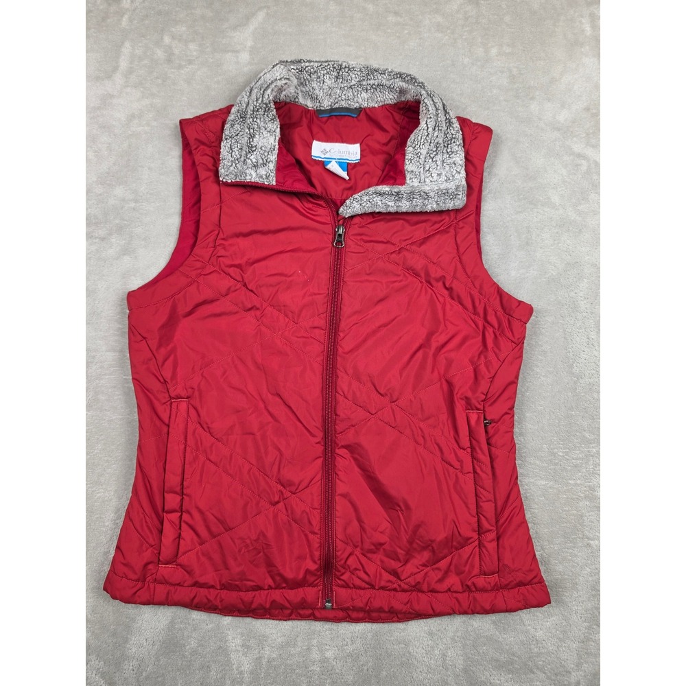 Columbia Puffer Vest Womens Medium Red Quilted Fleece Lined Collar Full Zip